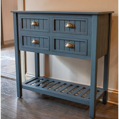 Console Table  Curated Displays of Family Photos, Potted Plants, and More Four Paneled Drawers with Cup Pulls and Boasts A Solid Color