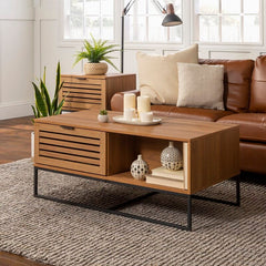 English Oak Sled Coffee Table with Storage Two Open Compartments for Easy Access Organization Piece for your Living Room