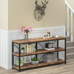 Brown Solid Wood Console Table for Any Entry Hall. Finished Pine Beautifully Highlights Two Woven Rattan Pull-Out Baskets