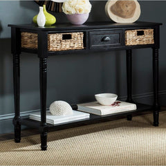 Distressed Black Solid Wood Console Table for Any Entry Hall. Finished Pine Beautifully Highlights Two Woven Rattan Pull-Out Baskets