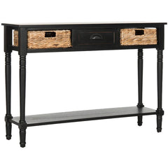 Distressed Black Solid Wood Console Table for Any Entry Hall. Finished Pine Beautifully Highlights Two Woven Rattan Pull-Out Baskets