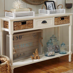 Distressed White Solid Wood Console Table for Any Entry Hall. Finished Pine Beautifully Highlights Two Woven Rattan Pull-Out Baskets