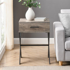 Gray Wash Cross Legs End Table with Storage Tuck Away your Favorite in Its Single Drawer Or Purchase Two To Frame your Comfiest Armchair