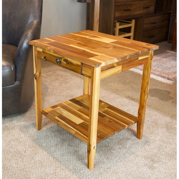 Natural Solid Wood End Table with Storage Traditional Style Beauty in this Solid Acacia Wood End Table with A Drawer