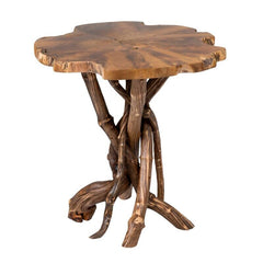 Brown Pedestal End Table Natural Beauty of Teak is on Display with this Rustic Live Edge Table. Perfect Next To A Sofa, Beside A Bed