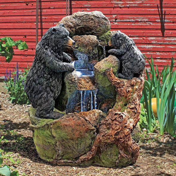 Black Bears Sculptural Fountain with LED Light your Garden or your Patio. Multiple Cascading Streams of Water Flow to Create A Woodsy Forest