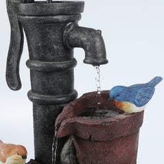 Resin Fountain Give your Garden Or Patio A Whimsical Touch With The Rustic Water Pump, and Two Birds Perched on the Pots