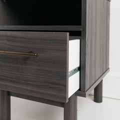 1 - Drawer Nightstand in Warm Gray Creates A Modern Sense of Harmony in your Room Goldtone Handles Add An Authentically Modern Touch