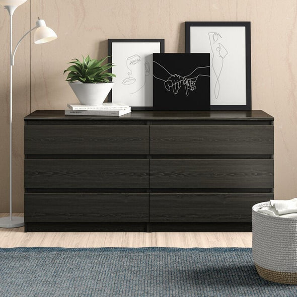 Black Wood Grain Double Dresser Six Drawers that Open Smoothly On Ball-Bearing Glides, Revealing Ample Space To Tuck Away