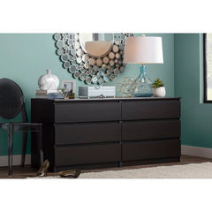 Black Wood Grain Double Dresser Six Drawers that Open Smoothly On Ball-Bearing Glides, Revealing Ample Space To Tuck Away