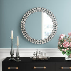 Round Jeweled Accent Mirror Add Glam Style to your Abode with this Round, Jeweled Accent Mirror. Dimensional Layers of Crystal Clear Beads