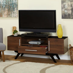 Walnut/Black TV Stand for TVs up to 65" Great Pick For Refreshing Your Living Room Look. Its Slanted Legs and Low Profile Silhouette