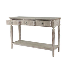 White Washed Wood Three Drawer Console Table 31.63in. H x 47.25in. W x 15.75in. D