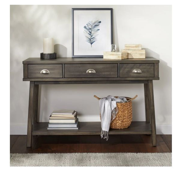 Grey 3 Drawer Rectangle Console Table Crafted of Solid Wood and Metal