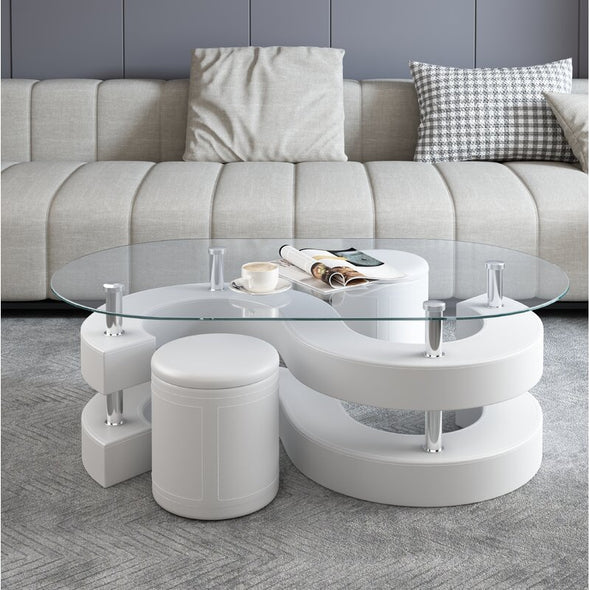 Abstract Coffee Table this Coffee Table Has Two Cylindrical Ottomans with Padded Seats Slide Out From Under the Table