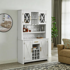 Solid Wood White Bar Cabinet Adjustable Shelves 9 Wine Rack Bottles