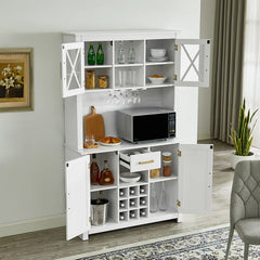 Solid Wood White Bar Cabinet Adjustable Shelves 9 Wine Rack Bottles