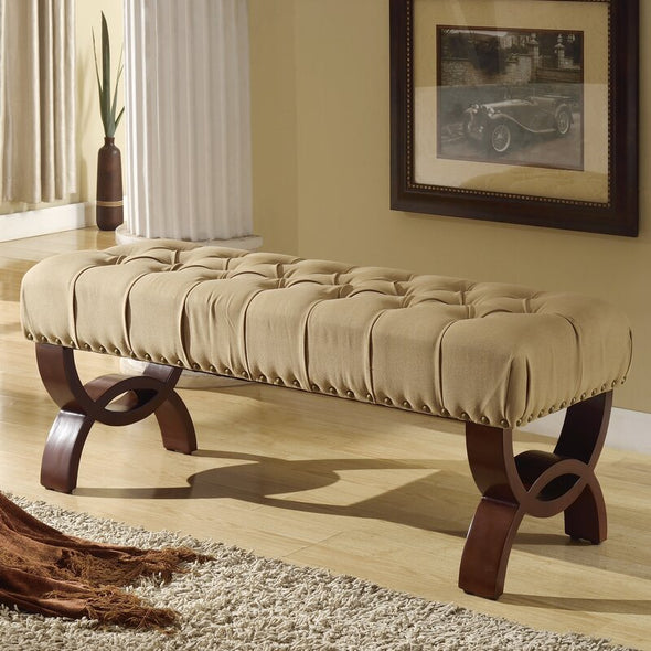 Upholstered Bench Antique Gold Nailhead Trim Upholstered in Button Tufted Tan Fabric Decorative and Functional item to Use Throughout Out the Home