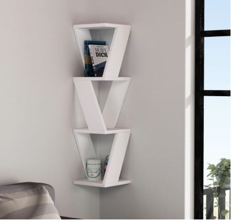 Modern Corner Wall Shelf - 33.46'' H x 8.66'' W x 8.66'' D - White Display in Any Corner