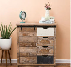 Rustic Sliding One Door Wood Cabinet Plank Style Iron Hardware Accents Natural and Rustic