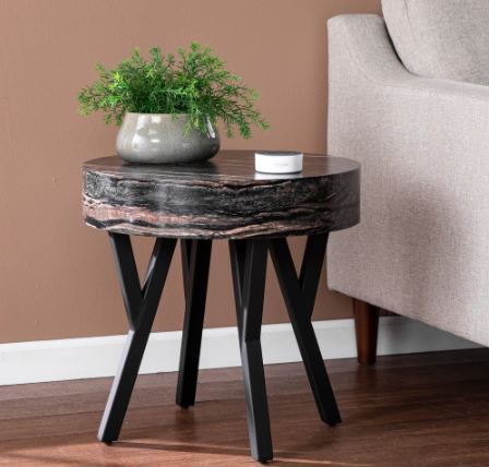 Contemporary Black Faux Stone End Table Fits Alongside your Living Room Sofa or Into your Entryway