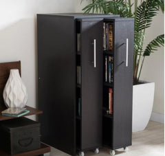 Dark Brown Wood Bookcase with Two Pulled-out Doors Shelving Cabinet