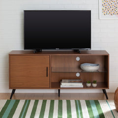 52-inch Mid-Century TV Console - Pecan Adjustable Shelving Provides Customized Storage for Media Consoles