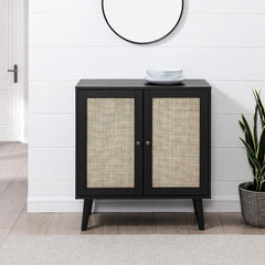 Rattan 2-Door Accent Cabinet - Black Single Adjustable Shelf Within the Cabinet Serves As A Customizable Spot for Spare Linens