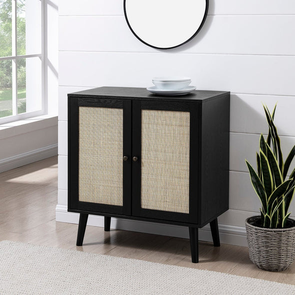 Rattan 2-Door Accent Cabinet - Black Single Adjustable Shelf Within the Cabinet Serves As A Customizable Spot for Spare Linens