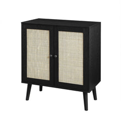 Rattan 2-Door Accent Cabinet - Black Single Adjustable Shelf Within the Cabinet Serves As A Customizable Spot for Spare Linens