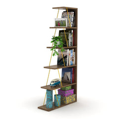 Contemporary Bookcase - Walnut-Yellow 5 Open, Adjustable Shelves Perfect for Organize