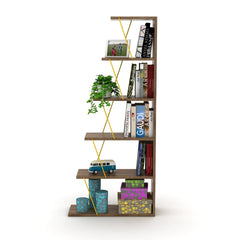 Contemporary Bookcase - Walnut-Yellow 5 Open, Adjustable Shelves Perfect for Organize