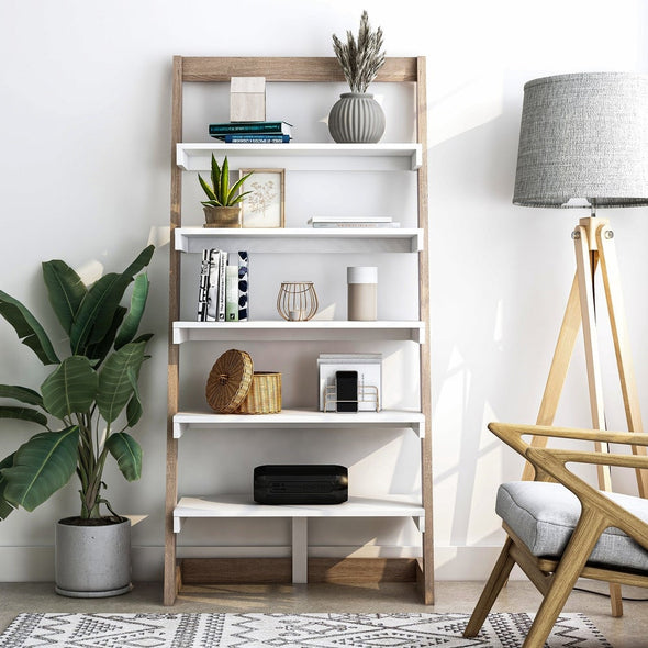 Contemporary 5-shelf Leaning Bookcase - Weathered White Five Spacious Shelves Prop Up Decorative Effects to Create A Display