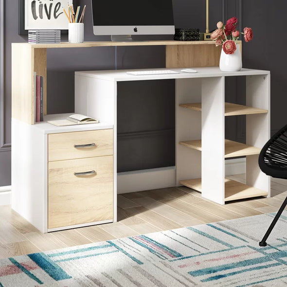 Oak and White Herzig Desk with Plenty of Storage and a Three-Tier Modern Design