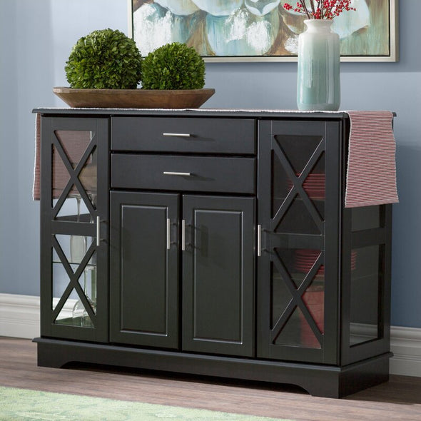 Black 2 Drawer Server Two Paneled Cabinets and Two Drawers Are Adorned with Sleek Metal Bar Pulls While Each Side Offers A Cross-Front Cabinet