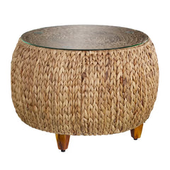 Brown Coffee Table Rattan/Wicker Tempered Glass Table Top Perefct for Living Room