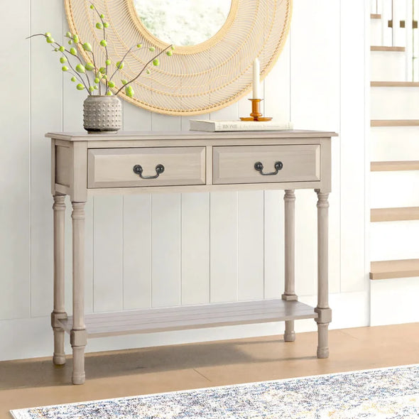 Solid Wood Greige Nubble 35.5'' Console Table Farmhouse Style