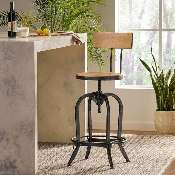 Wooden Seat and Footrest Oswalt Swivel Bar Stool Adjustable Height