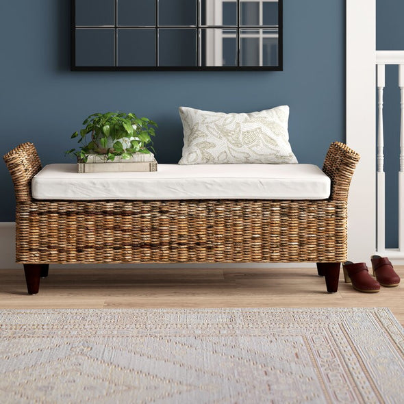 Roy Wicker Bench Natural Varied Patina of the Abaca is Paired with a Cotton-Blend Cushion that is Comfortable and Durable