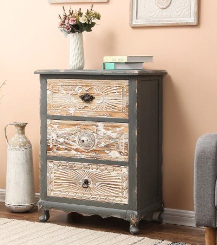 3 Drawer Rustic Grey Carved Wood Chest-Natural, Grey