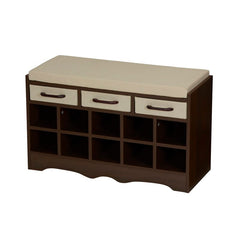 Brown Storage Bench Ten Open Cubbies and Three Pullout Drawers Below the Seat, Ideal for Tucking Away Any Loose Odds and Ends