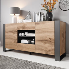 Woody Modern 64.5-inch Sideboard Buffet - Oak/Gray Take your Dining Experience to Entirely New and Fashionable Heights