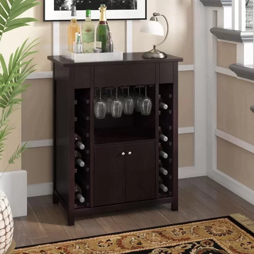 Bar Cabinet 14 Bottles Shelves And Hang Wine Glasses Center Compartment