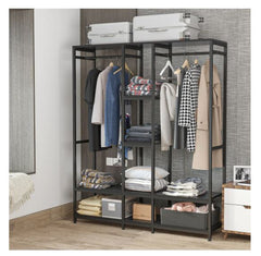 Black Double Rod Free standing Closet Organizer Heavy Duty Clothe Closet Storage