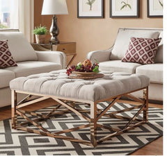 Solene Geometric Base Square Ottoman Coffee Table Bold Button Tufts Beige Linen