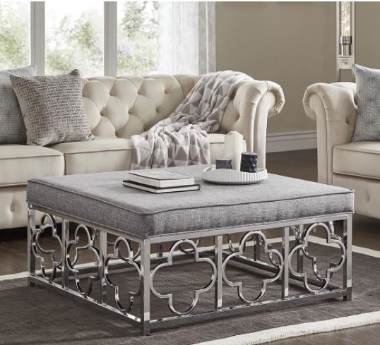 Solene Chrome Quatrefoil Base Square Ottoman Coffee Table