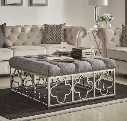 Solene Chrome Quatrefoil Base Square Ottoman Coffee Table Grey Linen Button Tufts