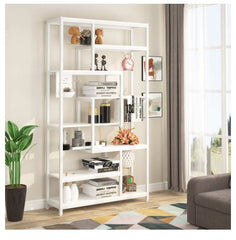 8-Shelves Staggered Bookshelf Industrial Etagere Bookcase All White