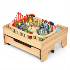 Children's Wooden Railway Set Table with 100 Pieces Storage Drawers Storage Drawer Prevents Missing Pieces After Playing