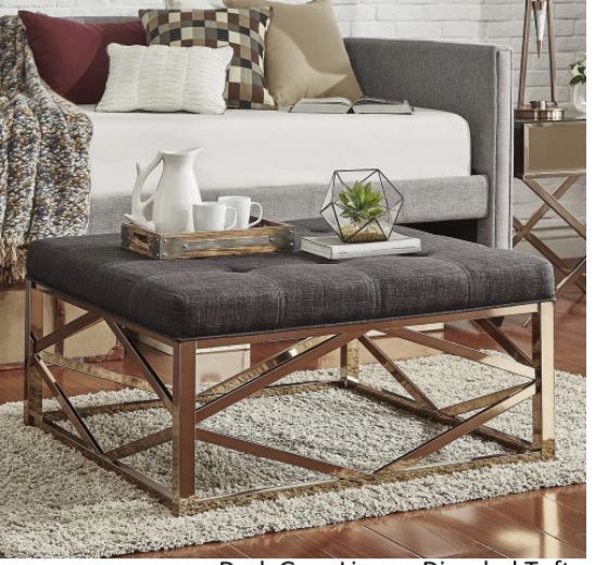 Solene Geometric Base Square Ottoman Coffee Table Champagne Gold Dark Grey Linen